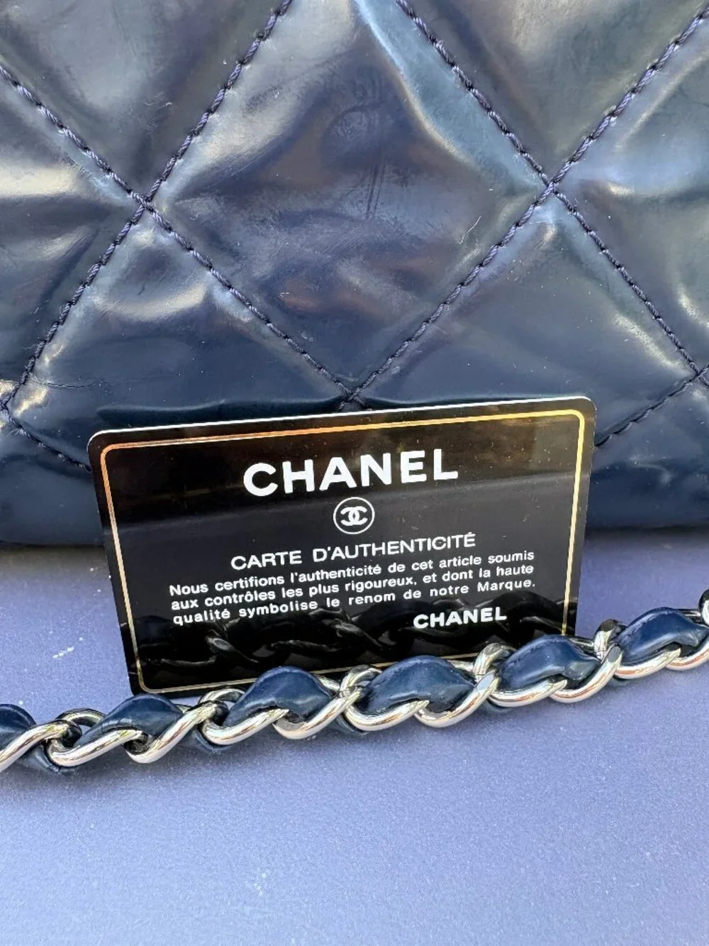 CHANEL Navy Blue Quilted Patent Leather Tote Bag Silver Chain Shoulder Bag - Picture 7 of 16